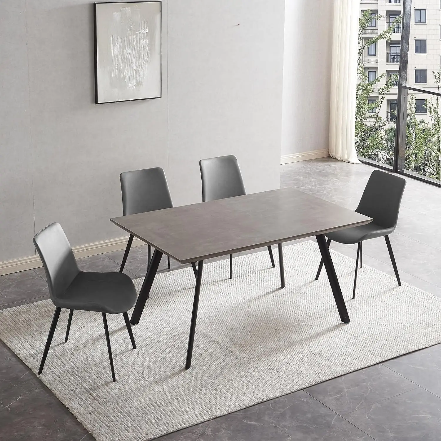 Modern Rectangular Wood Dining Table Set Concrete-Color Tabletop with Sturdy Metal Legs and 4 Soft Upholstered Chairs