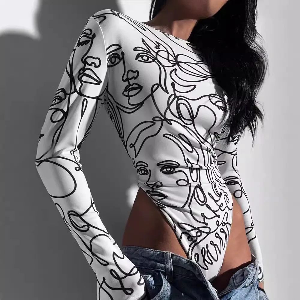 

2026 Women's Face Print Long Sleeve Bodysuit Round Neck Slim Fit Artistic Print Bodycon Jumpsuit For Casual Streetwear