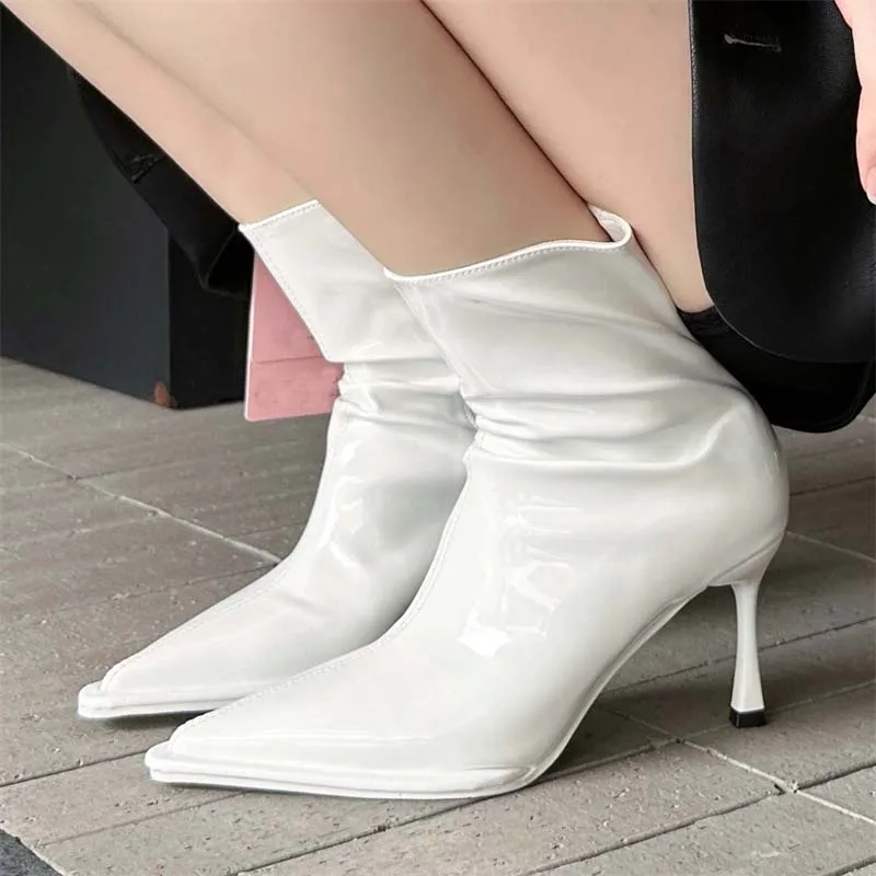 Eilyken Gold Silver Soft Leather Thin Low Heels Zippers Short Ankle Boots Women Pointed Toe Spring Autumn Stripper Ladies Shoes