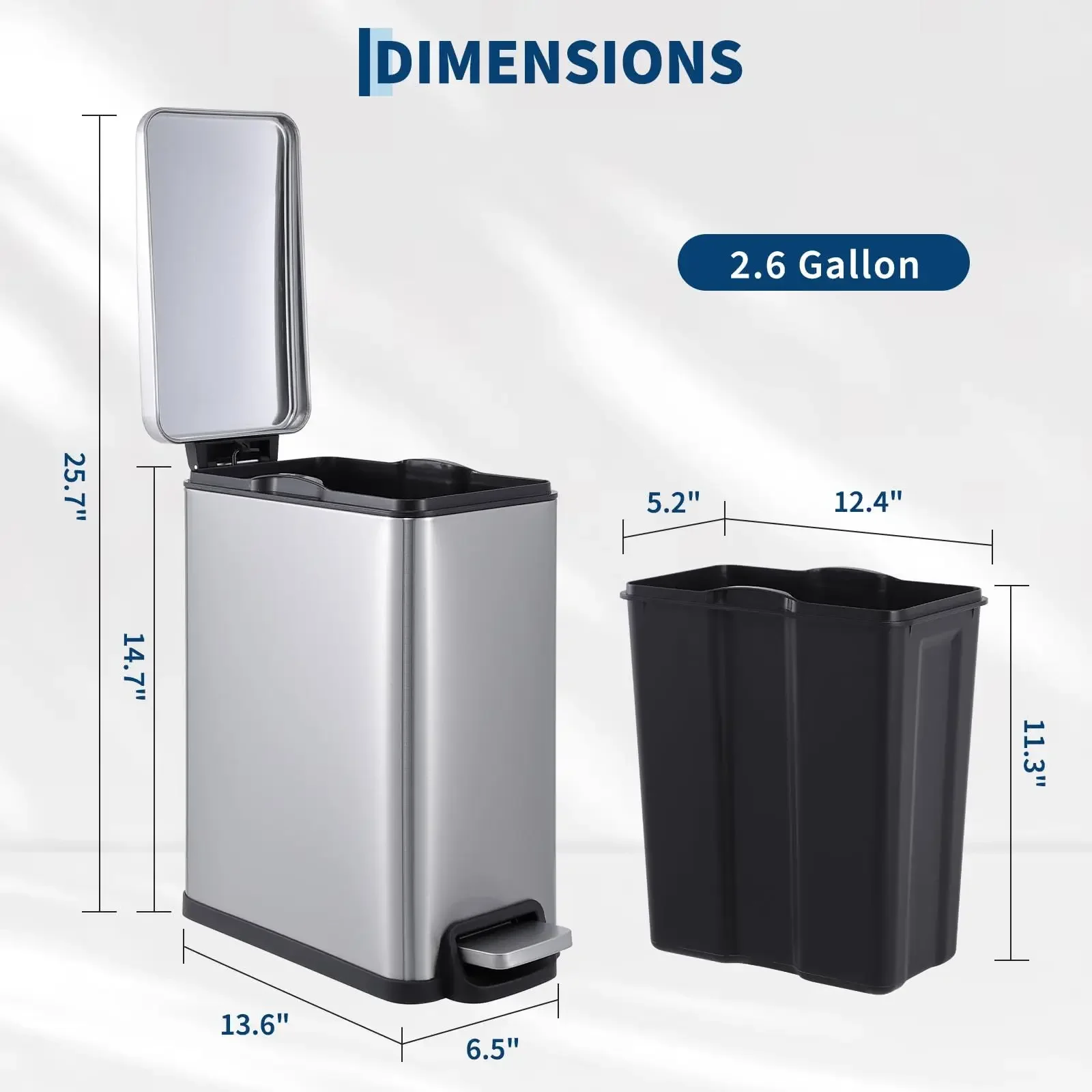 

2.64gal Slim Stainless Steel Trash Can | Space-Saving Indoor Recycling Bin with Step-On Pedal, Removable Inner Bucket