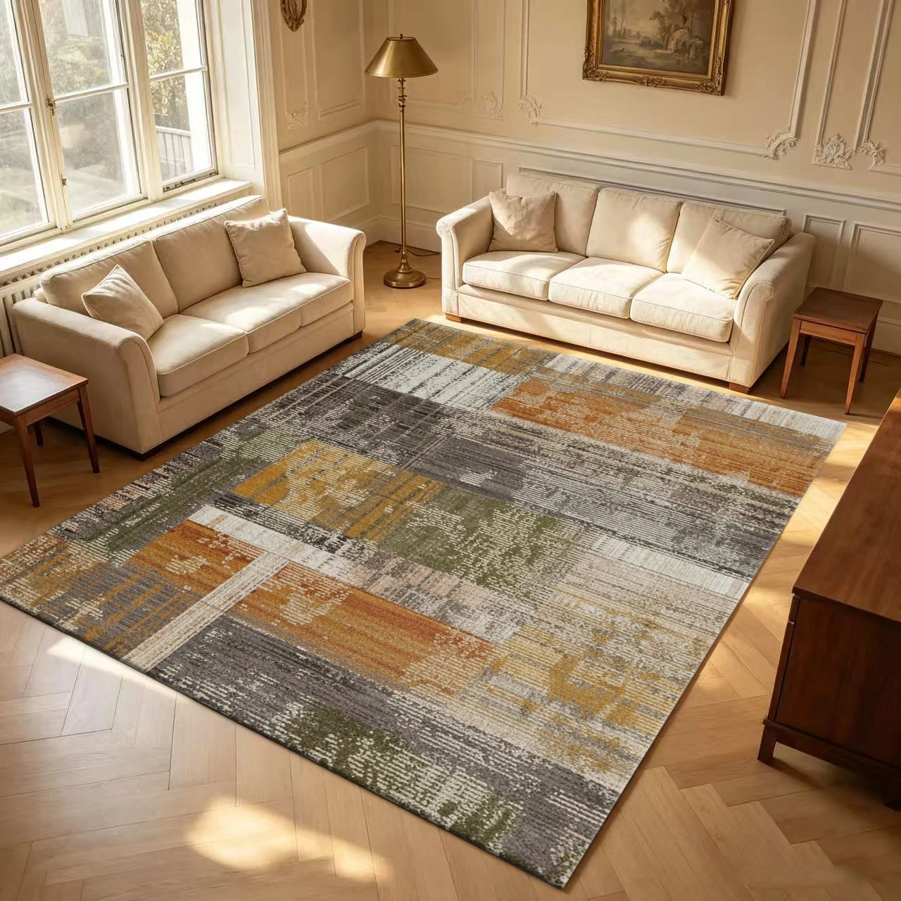 Vintage Distressed Patchwork Abstract Carpet Flooring Modern Geometric Area Rug for Living Room Bedroom Home Decor