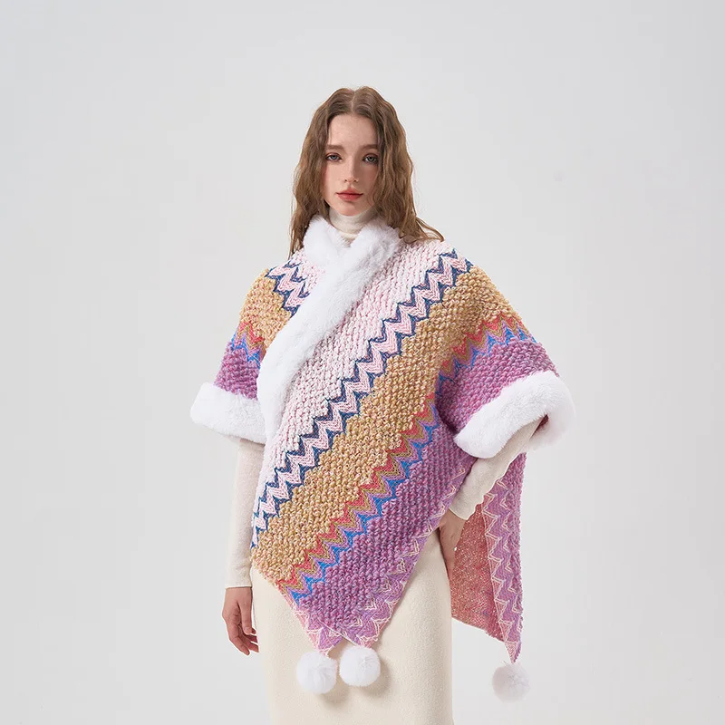 2023 New Ethnic Style Outfitted with Cold Resistant Split Cape with Fur Collar Thickened and Warm Multifunctional Women's Shawl