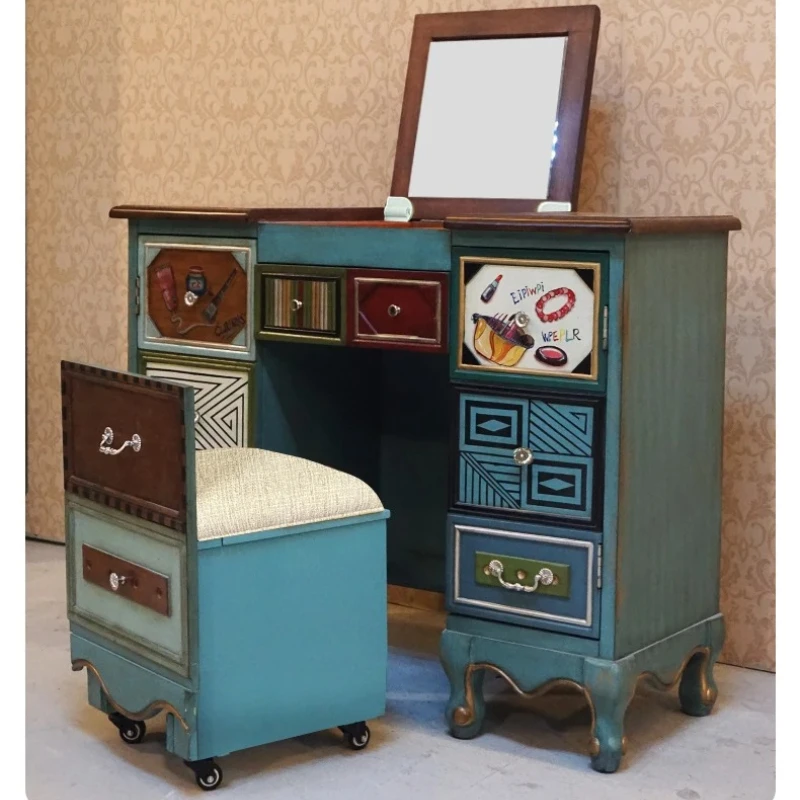 A Modern Aesthetic Dresser Vintage Style Stool Wood Dresser Make Up Cabinet Tocador De Maquillaje Mueble Con Espejo FurnitureY
