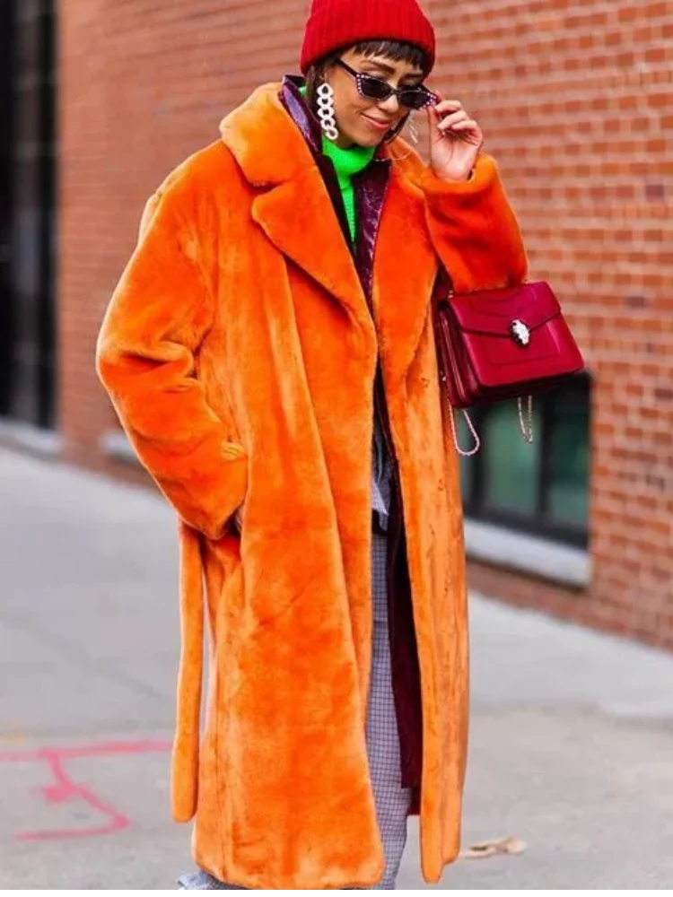 

Women Lapel Luxury Lace Up Faux Fur Coat Chic Long Sleeve Fluffy Warm Loose Long Jacket Lady Winter Daily Highstreet Outerwears