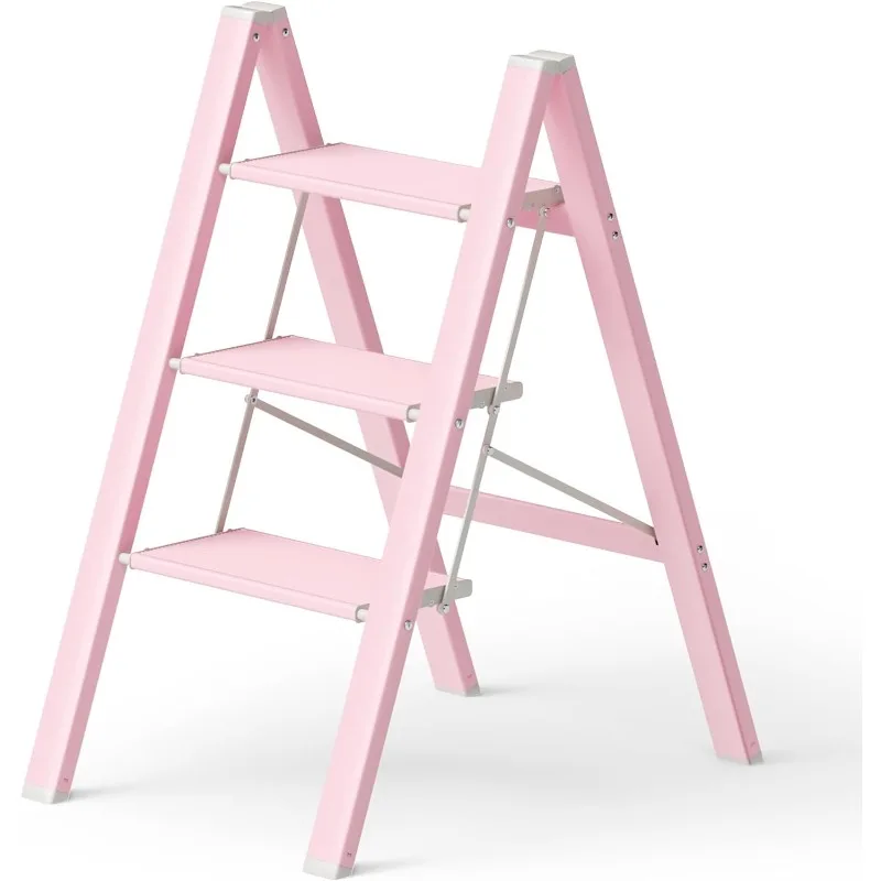 

3 Step Folding Ladders for Adults, Lightweight Aluminum Stepladder, 330lbs Capacity, Use for Home Library Kitchen Office, Pink