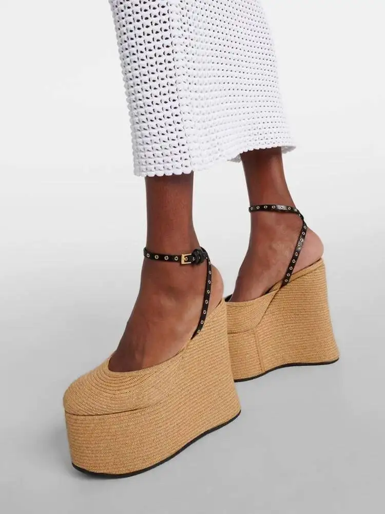 

European and American Summer Grass Woven Wedge Heel Thick Soled Sandals, Thick High Heels, Party Fashionable Women's Sandals