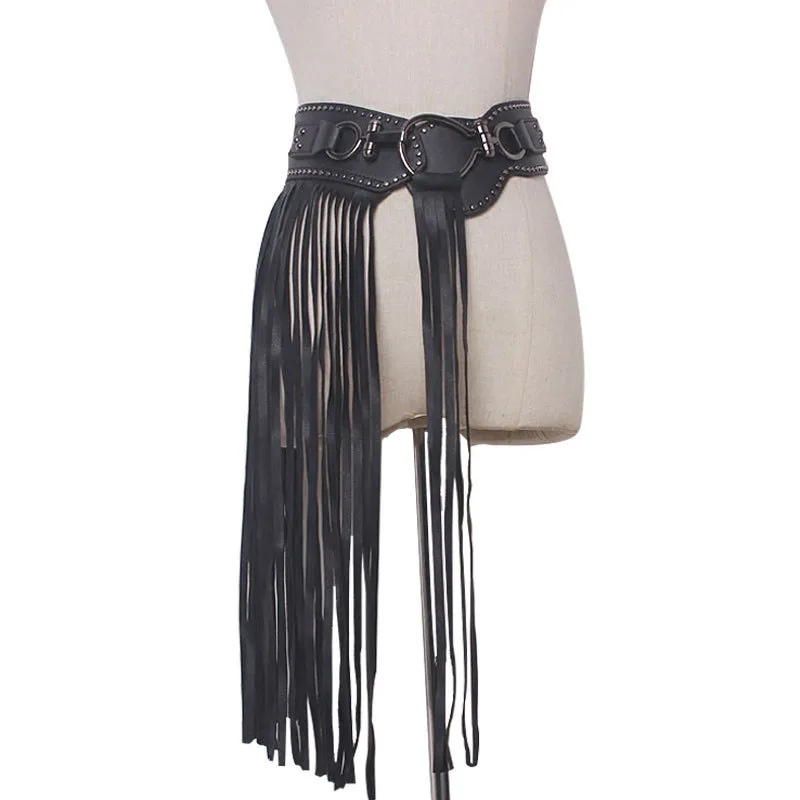 3492 Wide Tassel Waist Belt For Women Fringe Coffee Pu Leather Gypsy Style Leather Tassel Belt - Cinnamon – ForageDesign main image 4