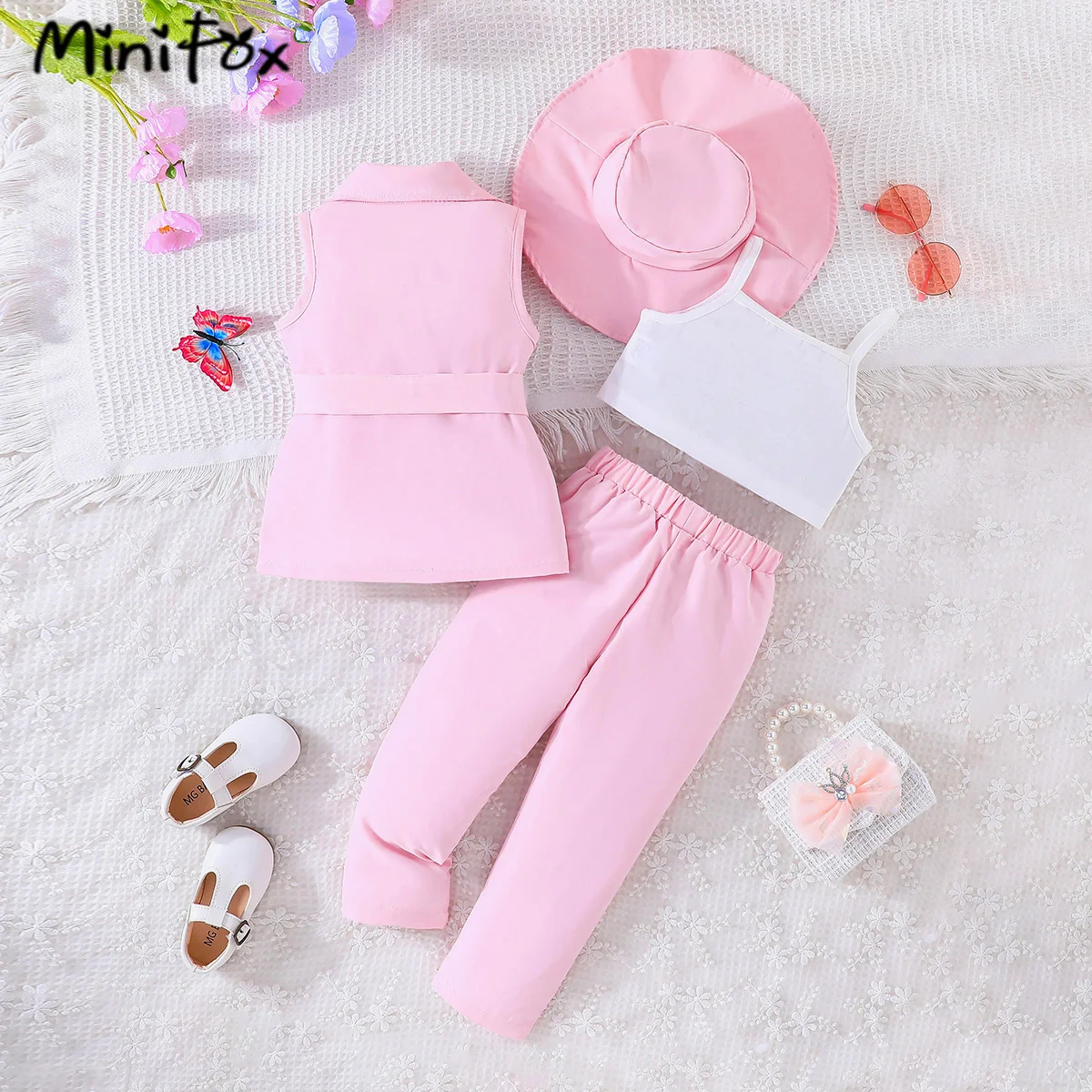 MiniFox 5PCS Kids Clothes Girls Blazer Outfit Sets Sleeveless Belt Blazer and Button Trousers+Vest+Hat Summer Suit Set For Girls