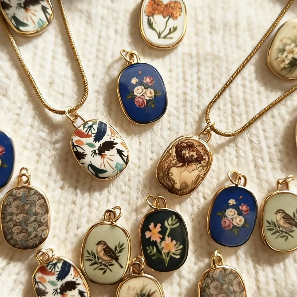 Colorful Hand-Drawn Necklace Pendant DIY Handcrafted Jewelry Charms Geometric Shape Gift Necklace Making Connector Charms Making