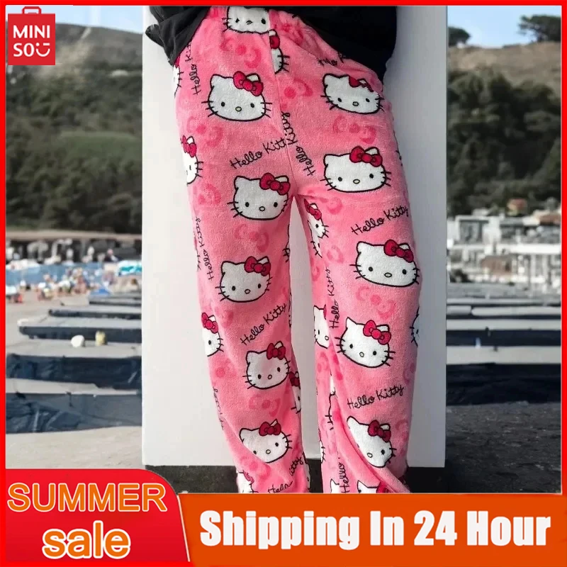 

Miniso Kawaii Hello Kitty фланелевые пижамы Y2k для девочек теплые шерстяные Мультяшные Свободные Штаны для дома на осень весна зима модные брюки