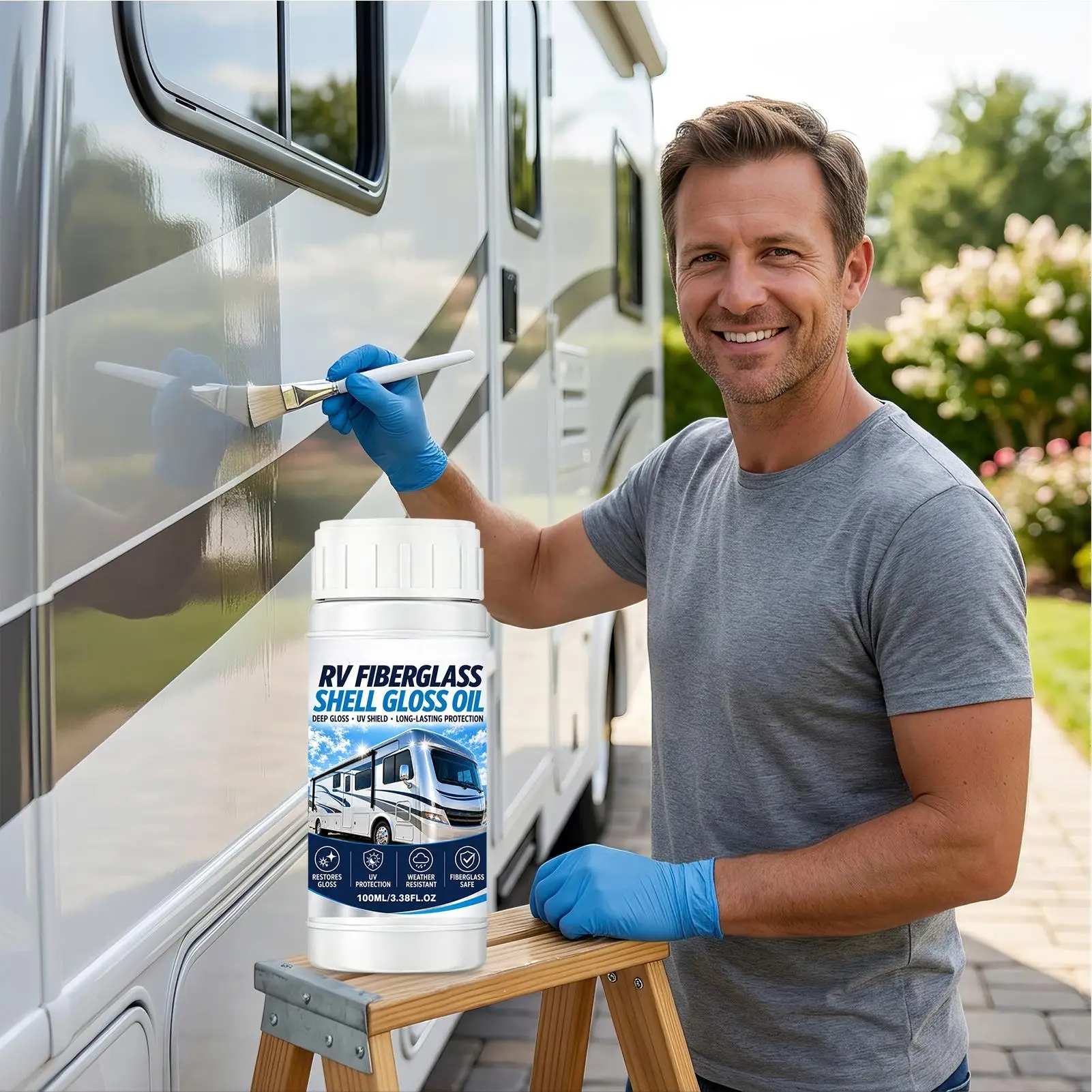 UV Shield RV Fiberglass Restorer 100ml Weather-Resistant Gloss Polish Fiberglass Oxidation Protection, Mirror-Like Finish