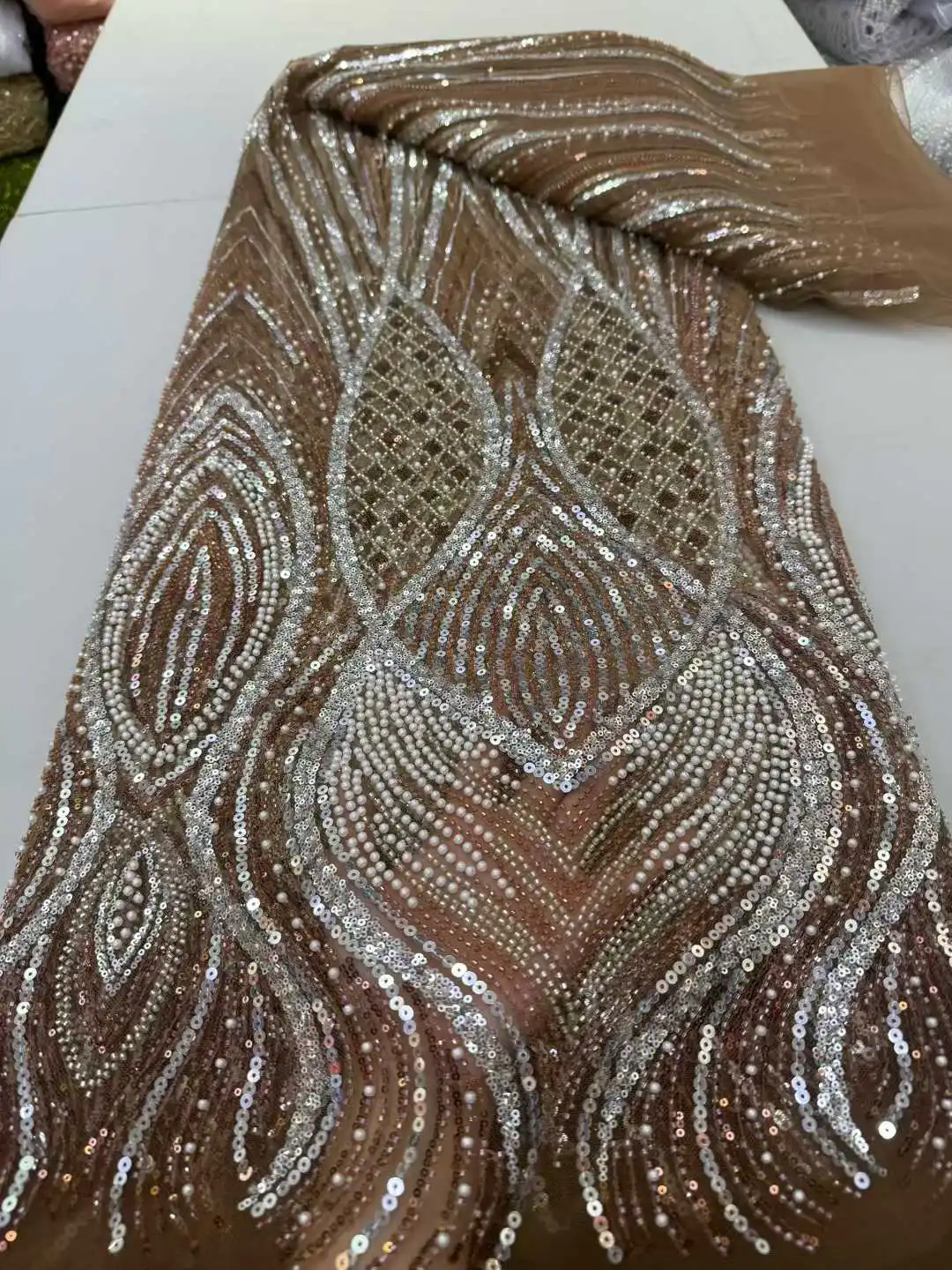 

Beaded African Sequins Lace Fabrics 2025 High Quality Sequence Embroidery French Nigerian Lace Fabric For Wedding Sewing