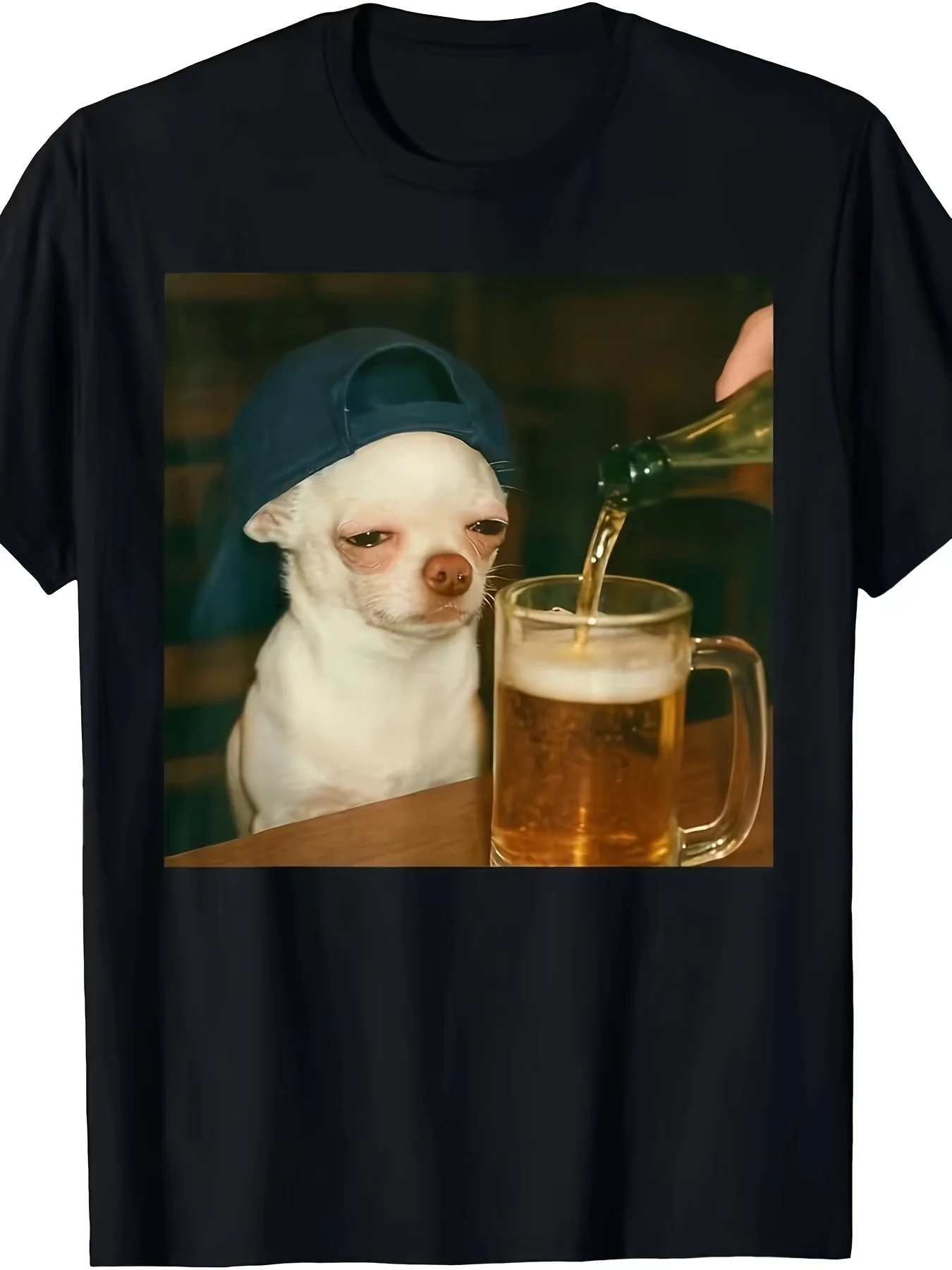 Chihuahua Beer Reaction Retro T-Shirt｜180g Men's Teenager All-Season Casual T-Shirt