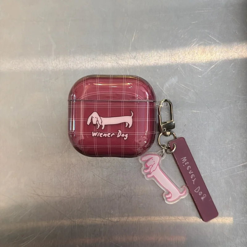 Red Plaid Pattern Cute Wiener Earphone Case with Keychain For Airpods 1, 2, 3, 4, 5, Pro, Pro2, Pro3, Anti-fall