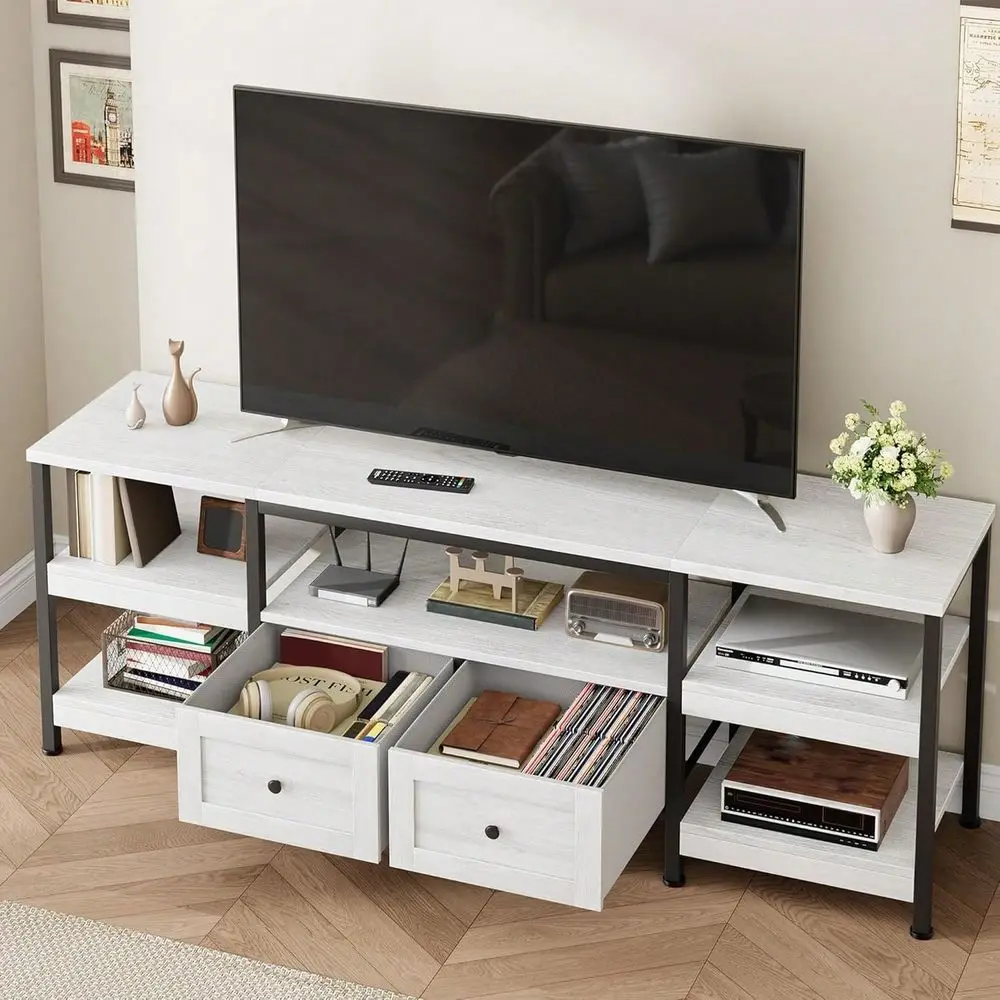 

63 71 79 ModernIndustrial TV Stand With 2 Fabric Drawers, Entertainment Center For TVs To 65 75 85 , Rustic Brown Media Cons