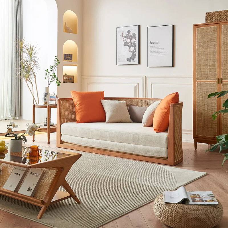 

Wabi Sandy Wind Double Sofa Bed Folding Homestay Simple Arc Bed Living Room Bedroom Dual-purpose Solid Wood Rattan Sofa