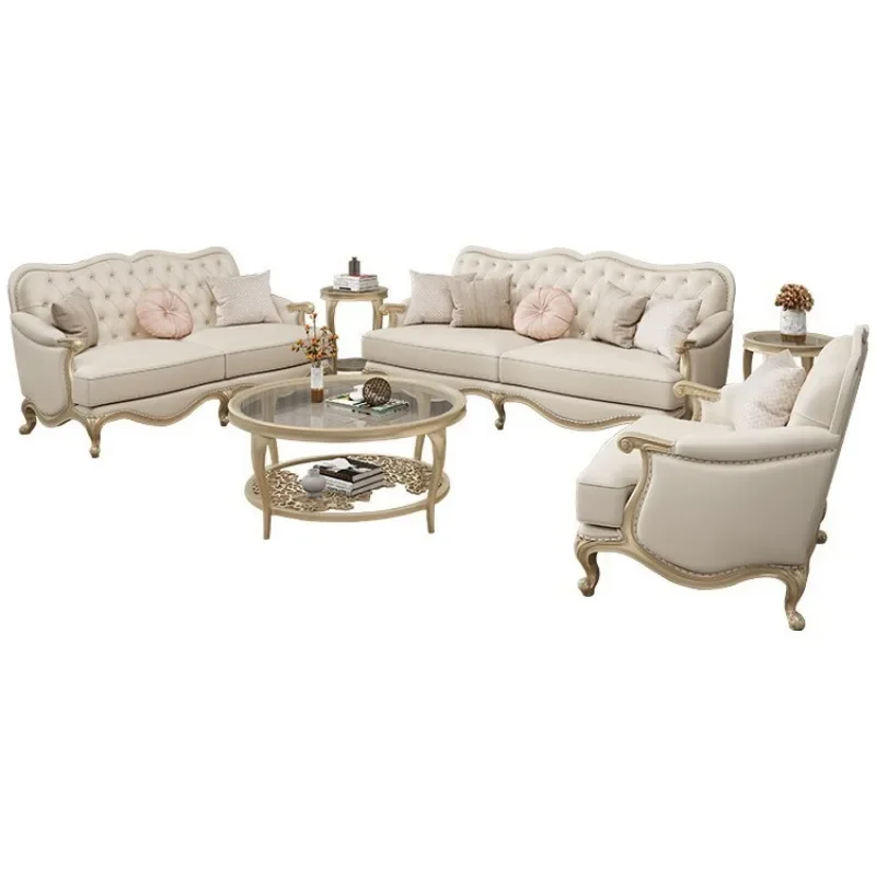 Solid wood postmodern leather sofa luxury villa 123 combination European living room furniture French style