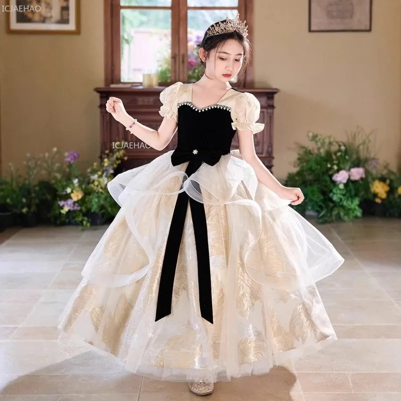 New Children Champagne Kids Girls Birthday Dress Princess Pageant Formal Dresses Costume Party Gown for Host Piano Performance