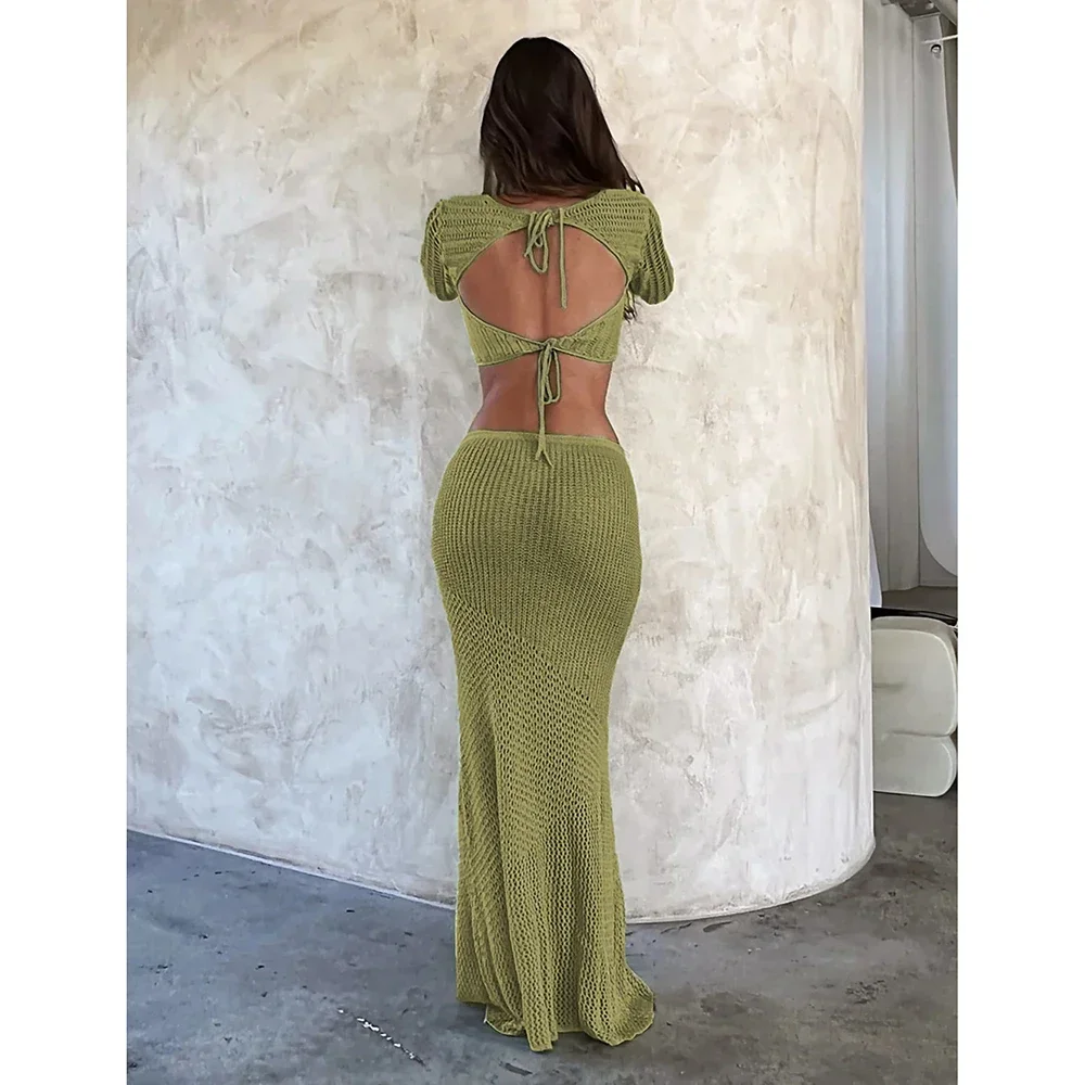 2024 تنورة كروشيه قطعتين مجموعة الجوف خارج العلوي الجانب الشق Bodycon تنورة طويلة فستان صيفي مثير الشاطئ التستر ملابس السباحة التستر