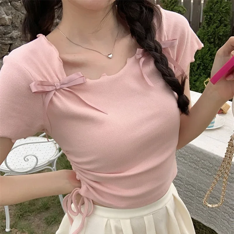 Summer Women Daily Kawaii Tie Up Clothes Lady Sweet Pink Cotton Short Sleeved T-shirt Female Butterfly Knots Square Neck Tops