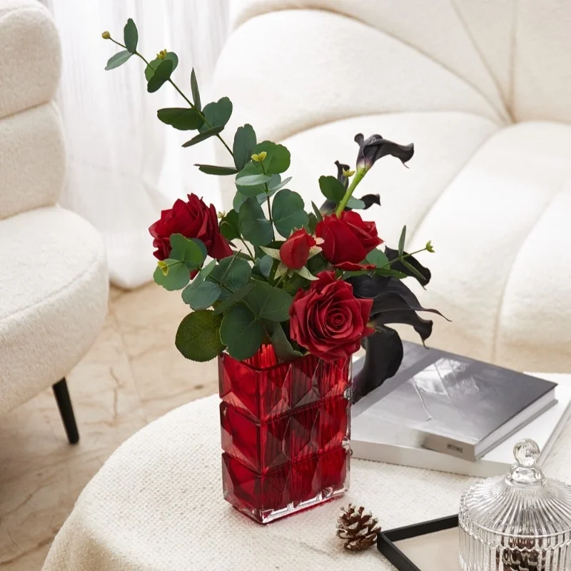 Decorative red rose dried flower arrangement with ceramic tabletop vase