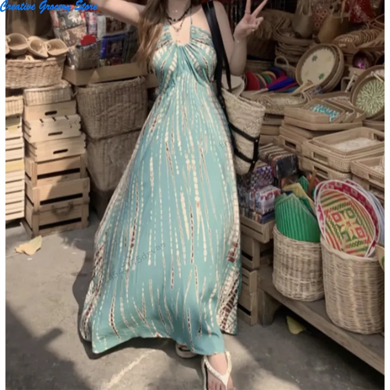 Vestido largo elegante con halter para mujer, sin mangas, espalda descubierta, estampado playero, diseño bohemio, casual para fiesta, playa y vacaciones 2026 2