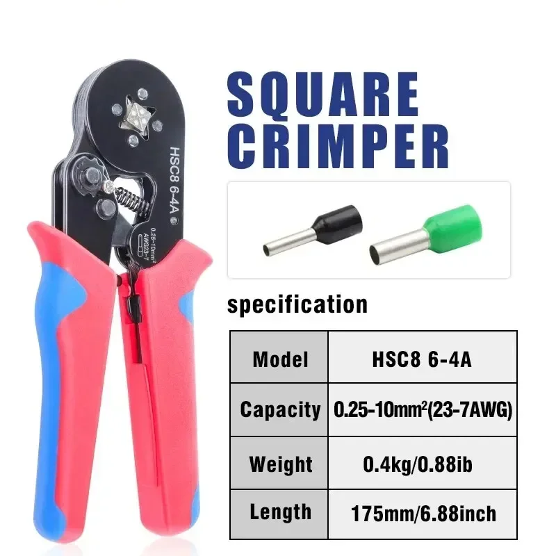 alicate-de-crimpagem-hsc8-6-4a-com-ajuste-automatico-e-catraca-quadrada-para-terminais-de-luva-awg23-7-025-10mm²