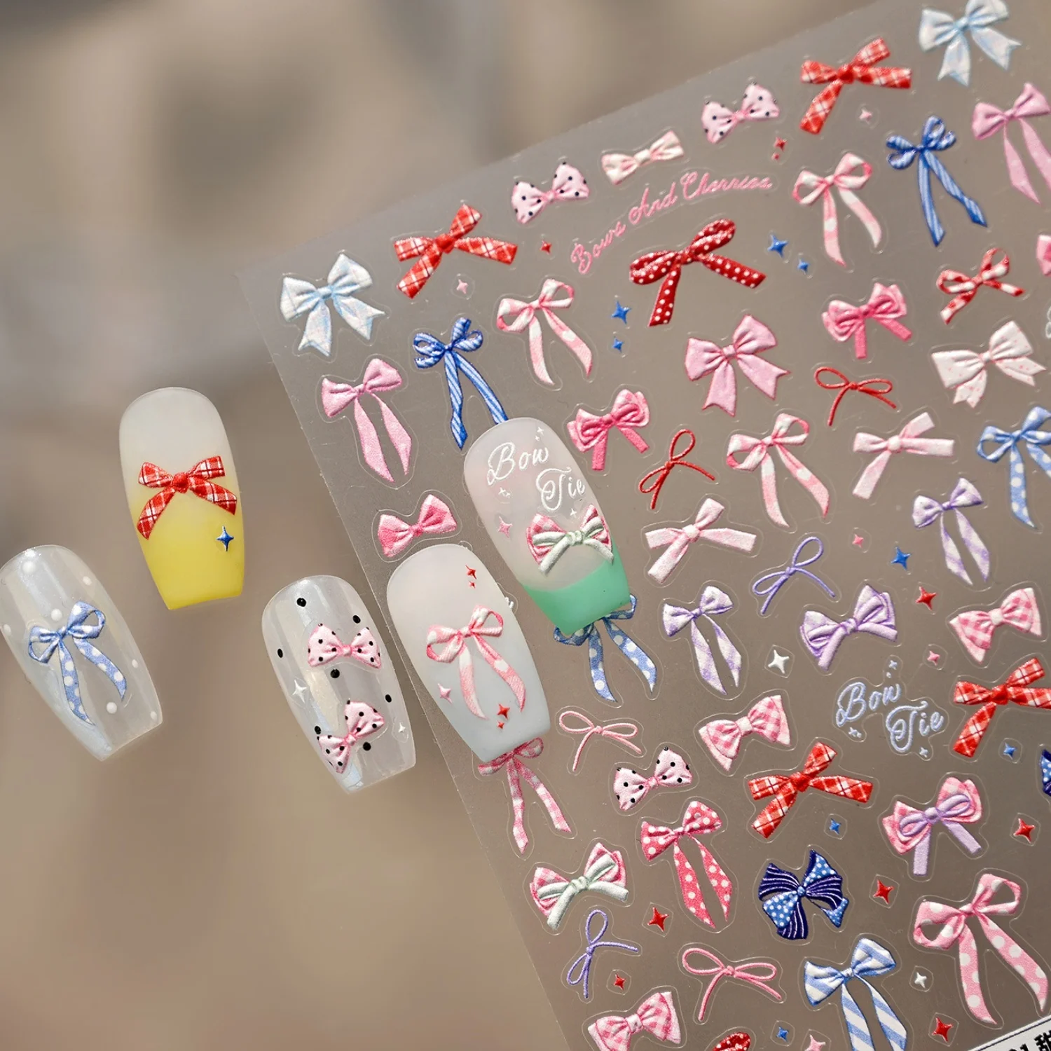 Preppy Style 5D geprägte Nagelaufkleber, Vintage, mehrfarbige Schleifen, gepunktet, kariert, dünne Bandknoten-Aufkleber, selbstklebende Maniküre