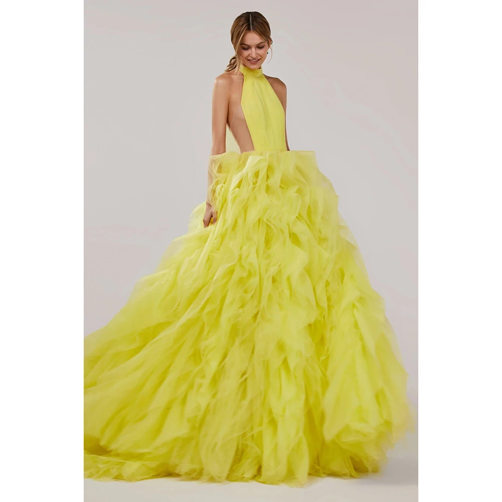 LAIDITYA-vestido de graduación amarillo elegante sin mangas con cuello Halter, vestidos fruncidos escalonados, tren de corte elegante, vestidos de noche de fiesta de línea a