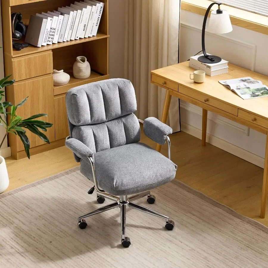 Tufted Chenille Home Office Desk Chair with Padded Armrests, Grey