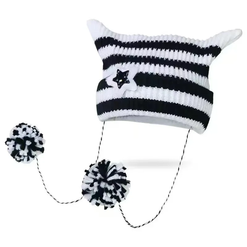 Funny Cat Ear Winter Hat For Women Star Striped YK2 Japan Style Cute Girl Beanie Little Devil Cap Pompom Skullies Bonnets Gift