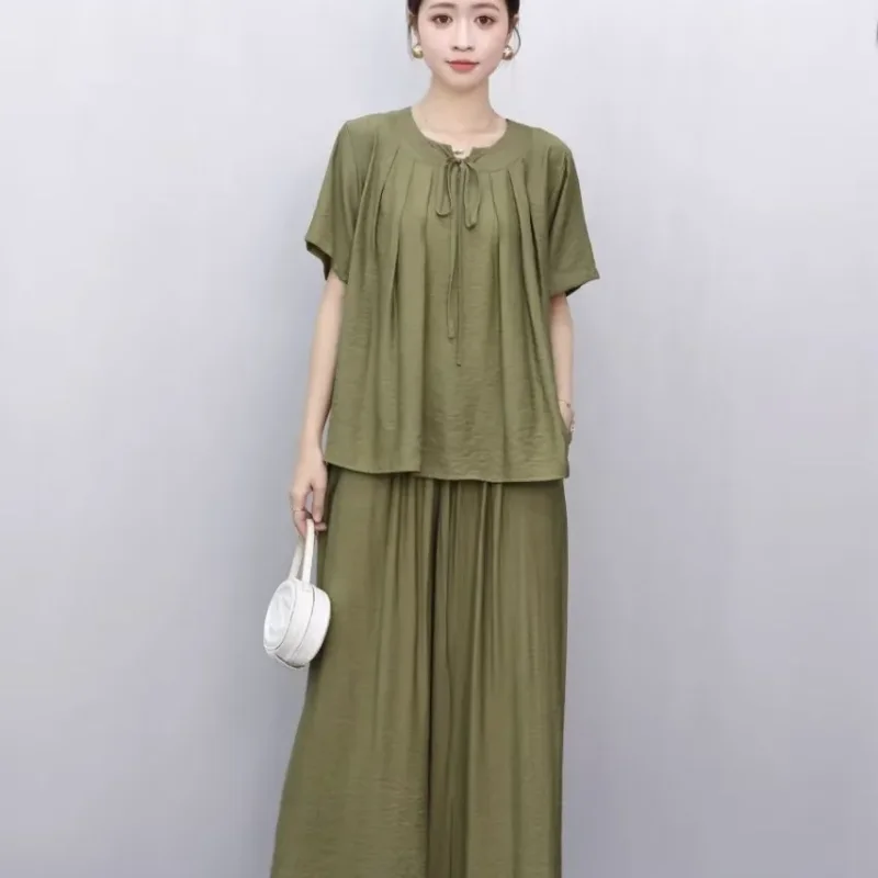 

Новая мода для женщин 2025 Fogn, однотонный универсальный повседневный свободный топ, уменьшающий возраст, широкие брюки, костюм из двух предметов