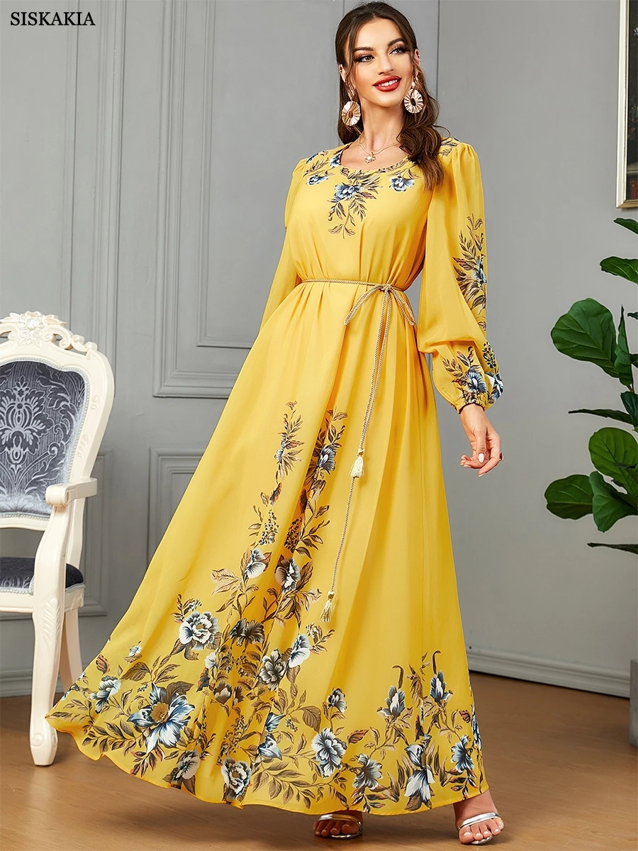 Siskakia Kleider mit langen Ärmeln Blumen druck Luxus muslimischen Abayas für Frauen Dubai marok kanis che Mode elegantes Abendkleid