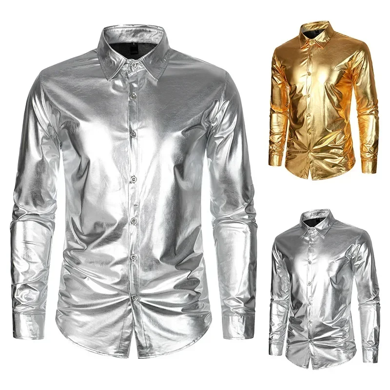 Men Nightclub Metallic Silver Button Down Short Long Sleeve Shirts Tops Costume