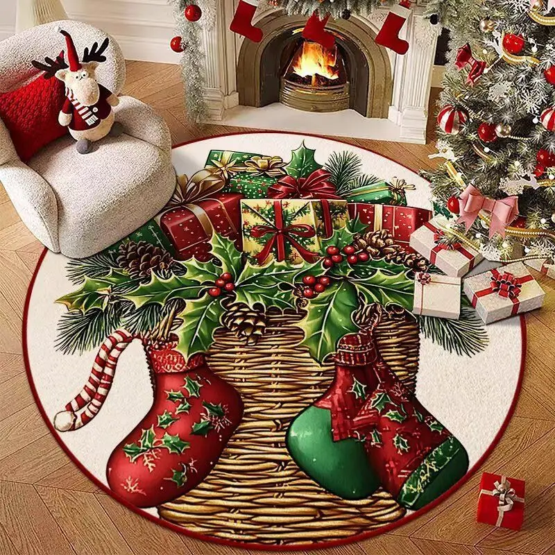 VIKAMA Round Christmas Carpet Christmas Socks Gift Box Holly Crimson Floor Mat Living Room Holiday Home Christmas Decoration