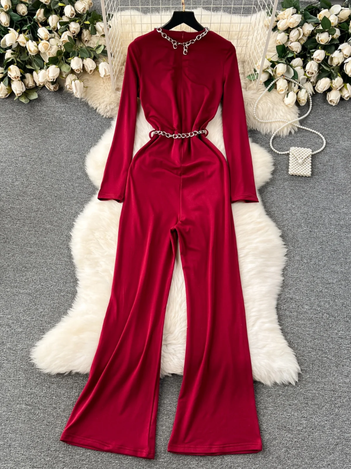 Foamlina 2024 New Spring Fashion Women's Jumpsuit Solid Chain Round Neck Long Sleeve Cut Out Wide Leg Full Length Pants Rompers