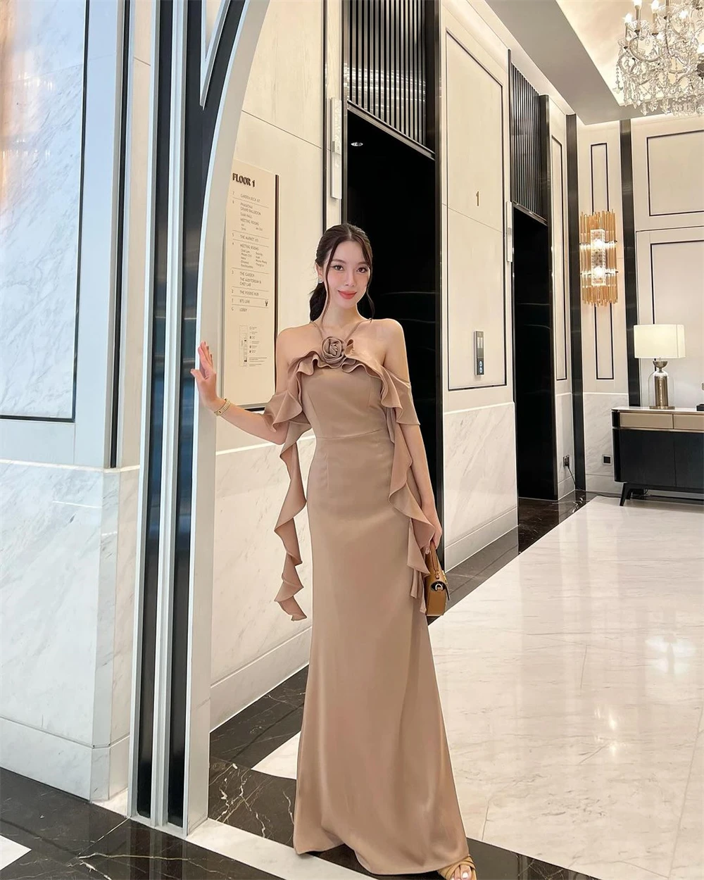 Customized Classic Jersey Halter Sleeveless Evening Dress Elegant Straight Floor Length Flowers Ruched Special Occasion Gowns