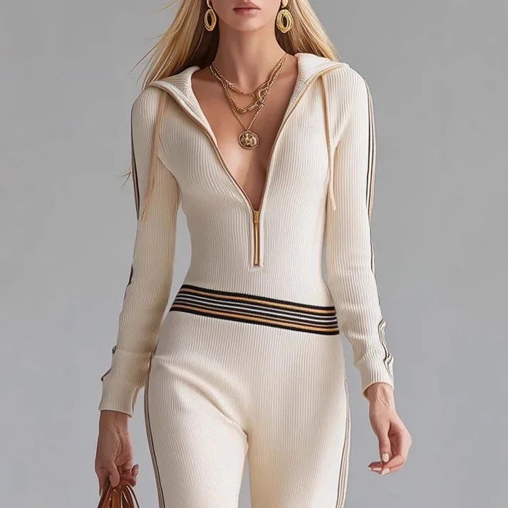 

Новый женский трикотажный комбинезон с контрастной строчкой и полосками, весенне-осенний, с длинными рукавами, на молнии, с капюшоном