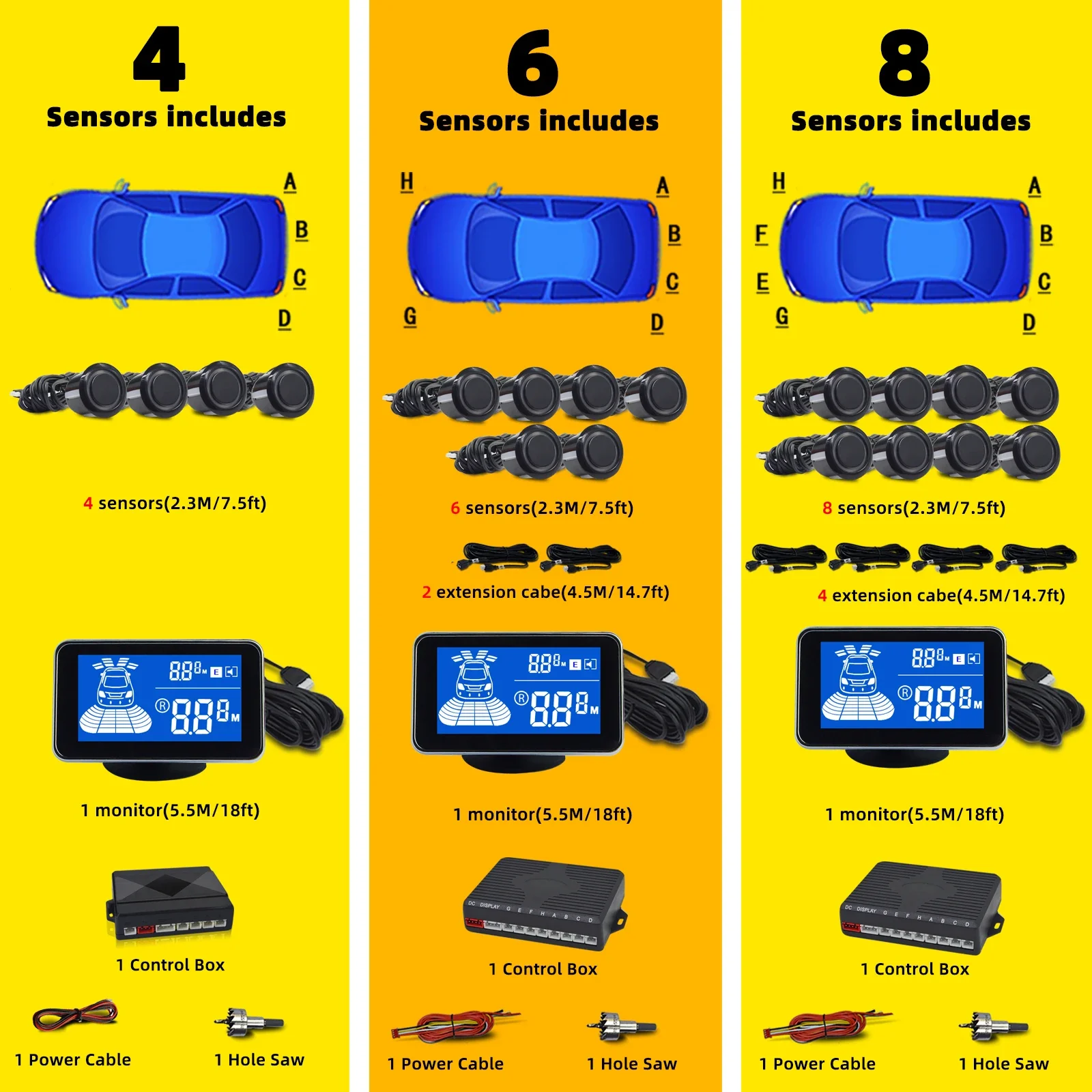 

Задний парктроник, обратный ход 4, 6, 8, комплект датчиков парковки, резервный радар, передний и задний монитор, детектор, система автоматической шторы