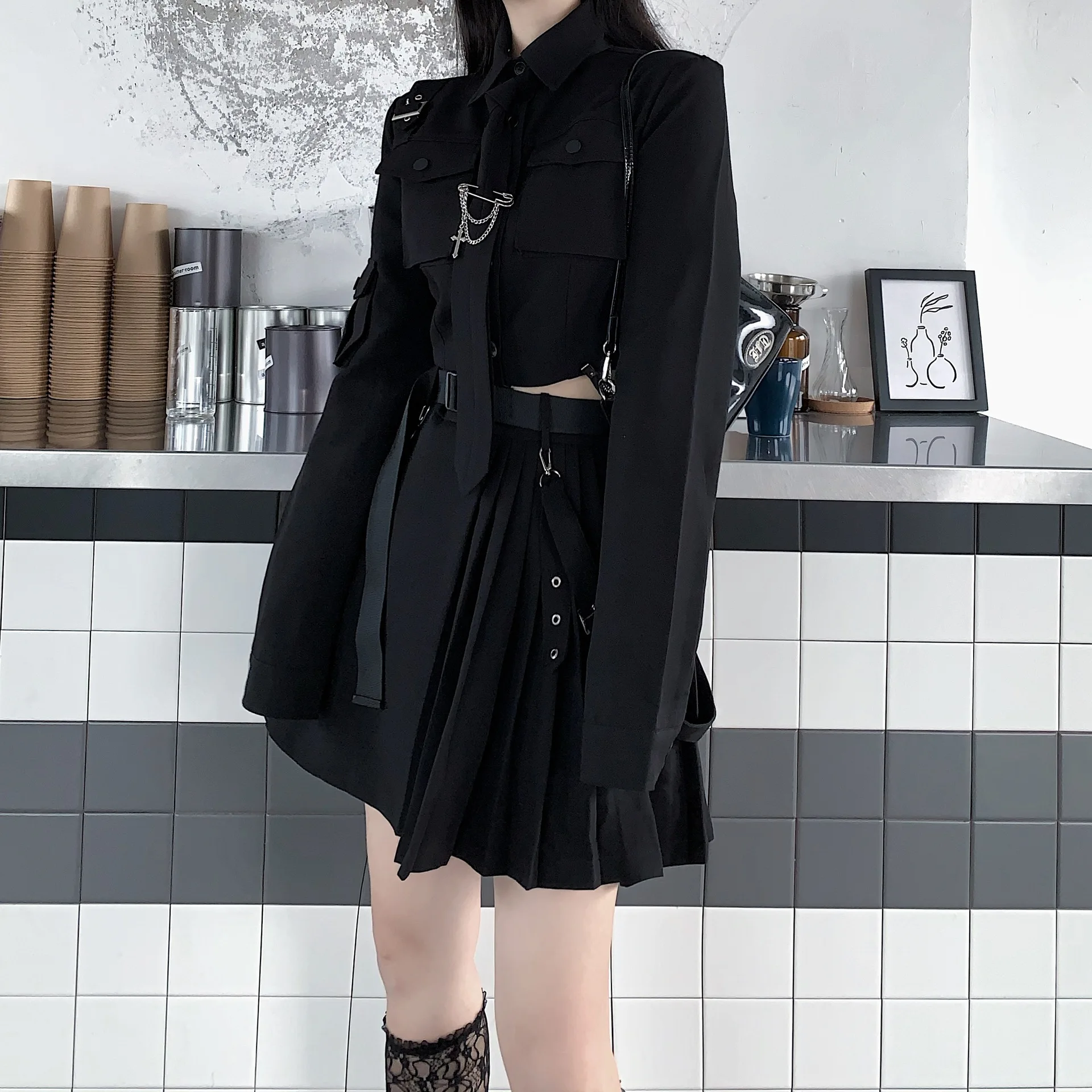 Dark Girl Personality Waist Short Suit Short Skirt Two-piece Set Autumn New Tooling Punk Style Jumpsuit