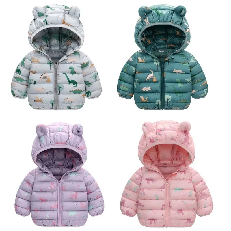 Herbst Winter Baby Jungen Jacke Voll druck Cartoon Dinosaurier dicken Kapuzen mantel für 1-5 Jahre Mädchen halten warm Baumwolle Outwear
