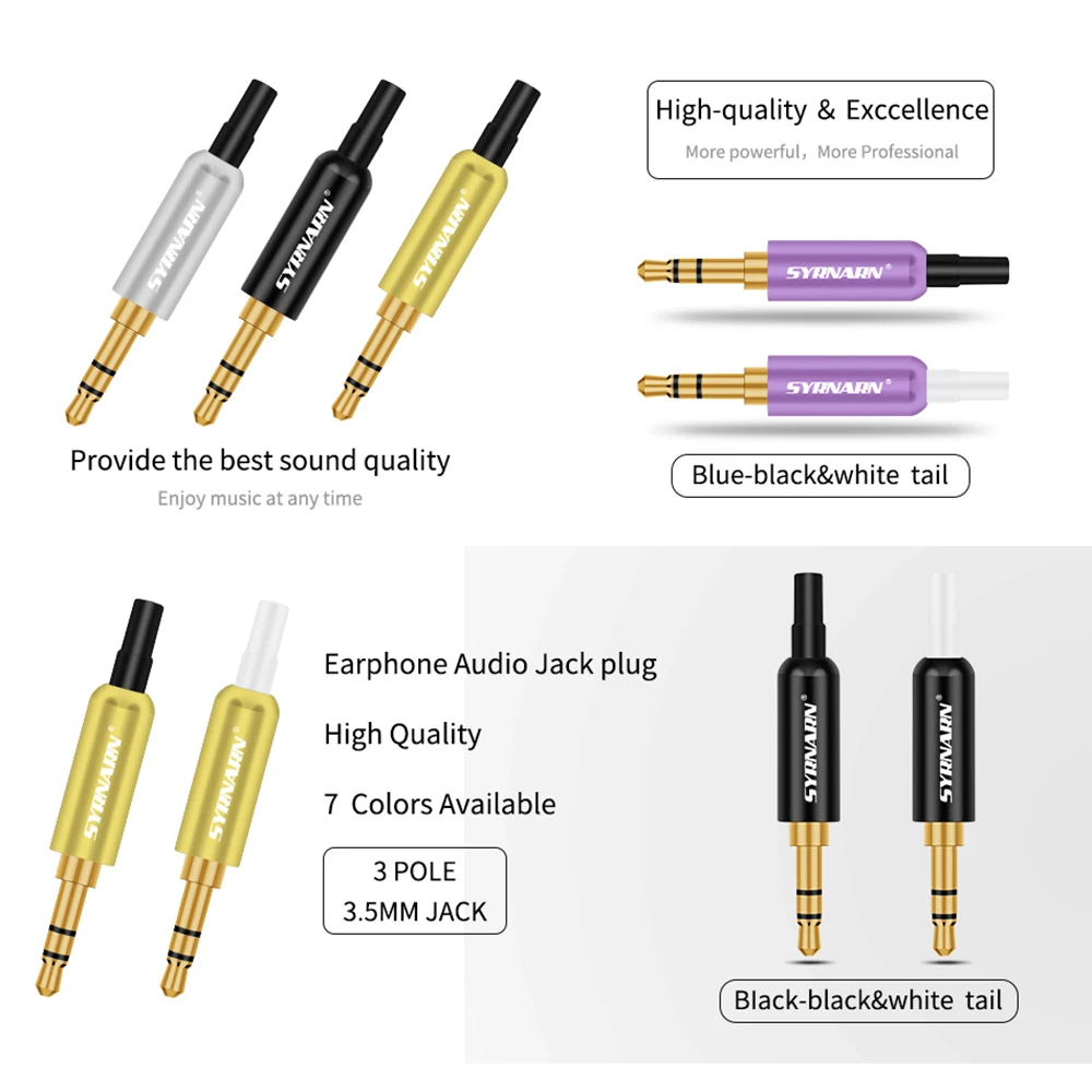 SYRNARN Replacement Jack 3.5 Plug 3.5mm 3 Pole Stereo Male Solder Type DIY Audio Gold Plated Connector for Earphone Cable Repair