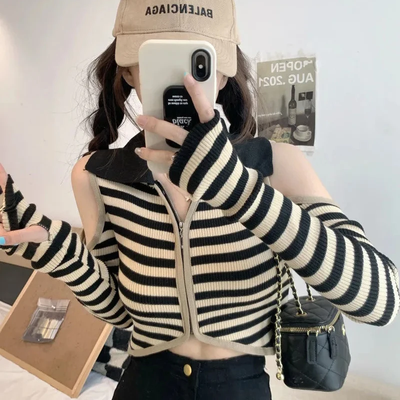 Striped Knit Sexy Strapless Cardigan Women Fashion Chic Zipper Cropped Top Long Sleeve Slim Patchwork Pretty Style Sweet Sweater