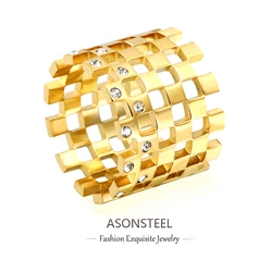 ASONSTEEL Popular Bling Cubic Zirconia Stainless Steel Rings Gold Plated Size 6-9 Wedding Fashion Gift Textured Chunky Jewelry