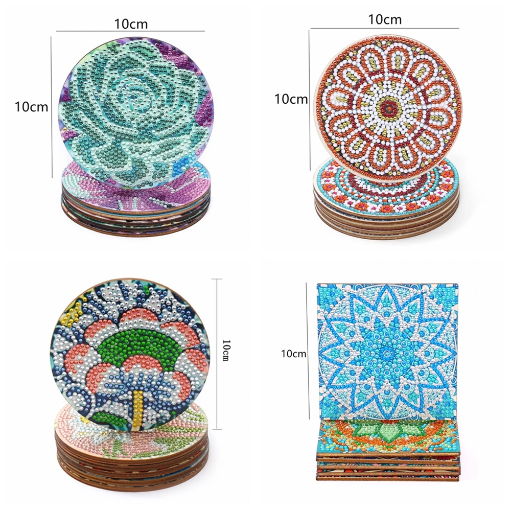 ماندالا الكريستال أحجار الراين الوقايات الخشبية للبالغين ، الوقايات الفنية الماس ديي مع حامل ، 6 في المجموعة