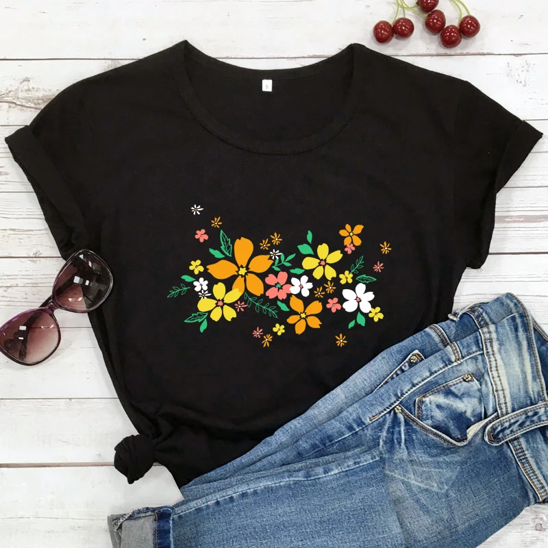 

colored boho flowers tshirt vintage women short sleeve wildflowers nature tee shirt top