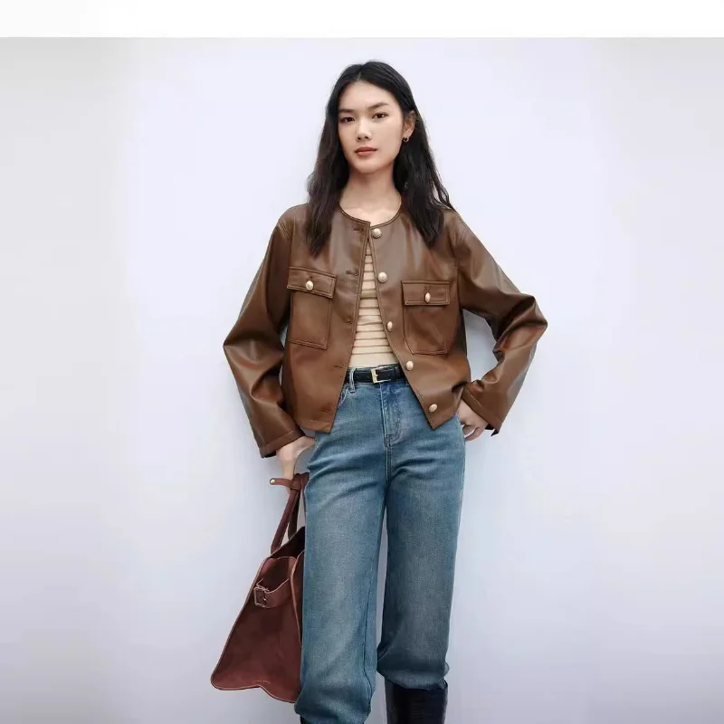 Maillard Brown Leather Jackets for Women 2024 Spring Exquisite Workplace Commuting Coats Round Neck Faux Leather Loose Clothes