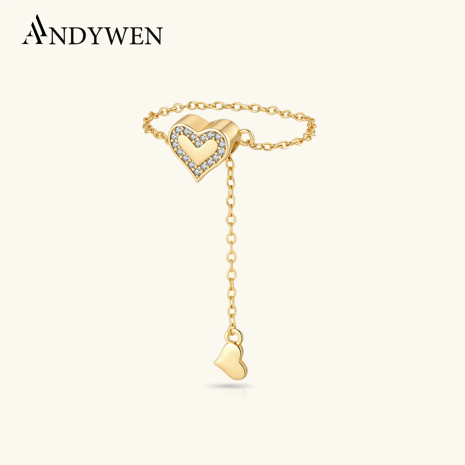 ANDYWEN 925 Silver Heart Chain Ring CZ Zircon Adjustable Flexible Fix Pulling Transformer with Rubber Stopper Fine Jewelry Gift