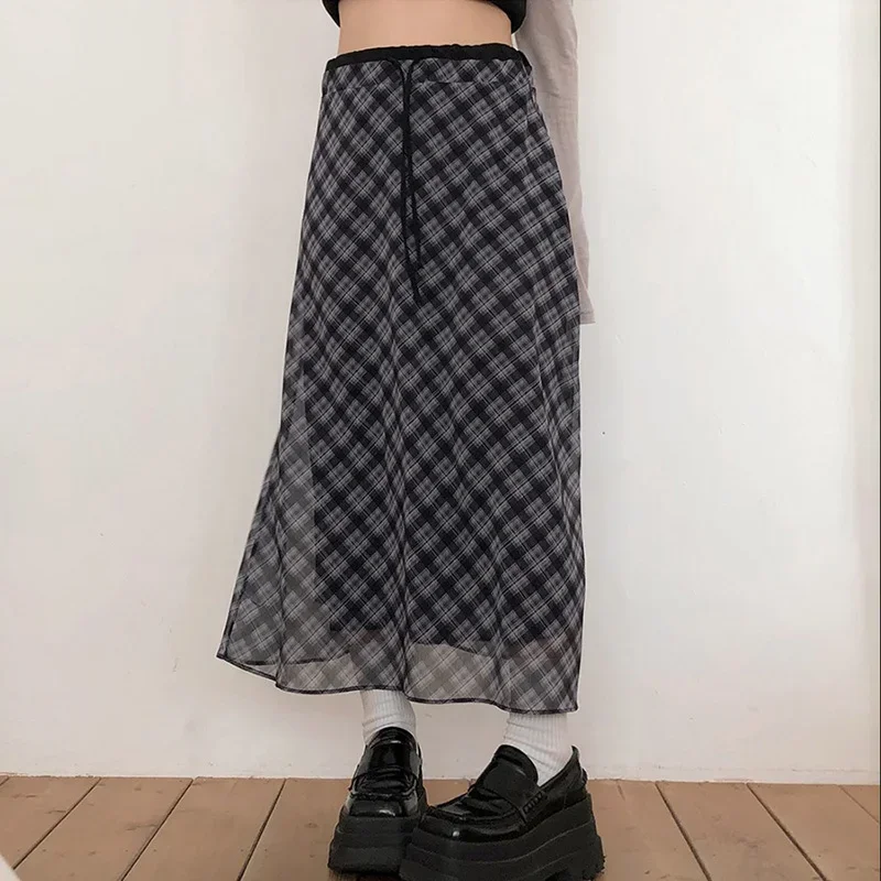 Falda larga fruncida de Color contrastante de rejilla Harajuku para mujer, moda coreana, trajes acampanados de gasa de doble capa, Vintage Chic