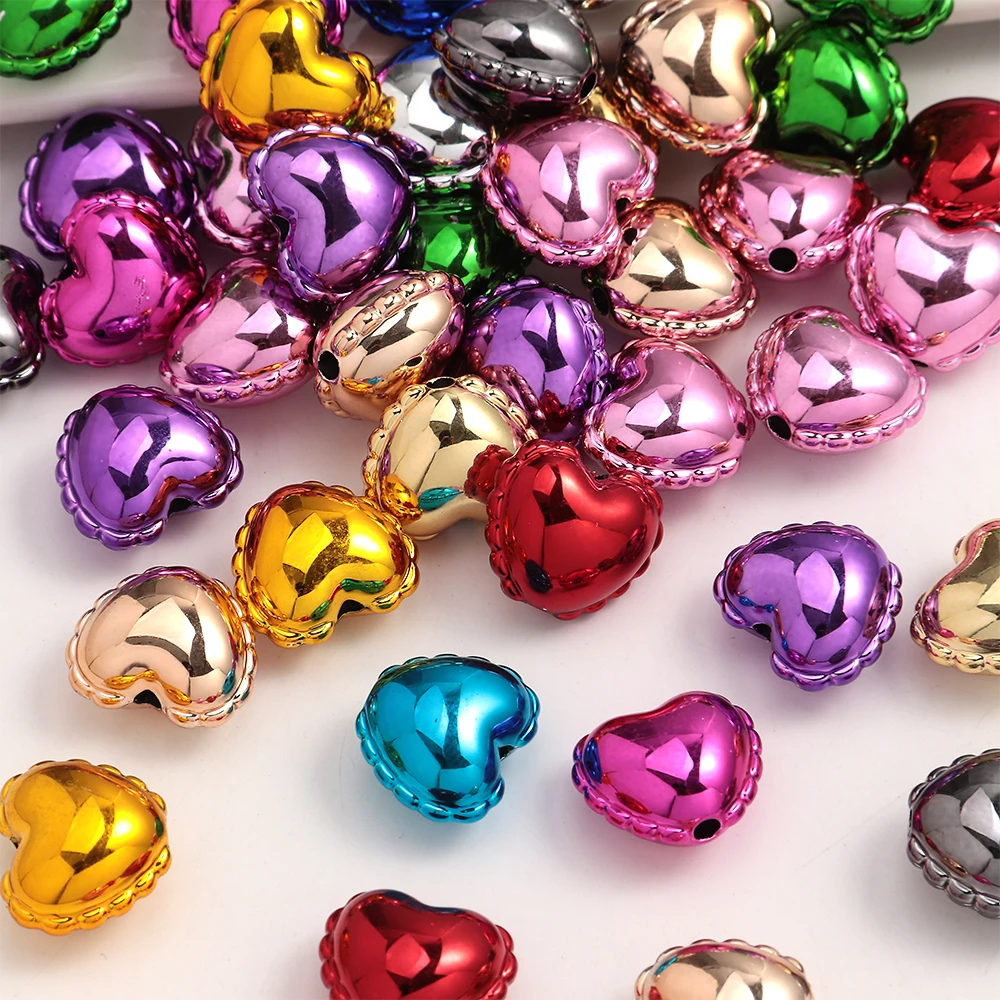 20pcs Metallic Color Acrylic 17x19mm Love Heart Shape Loose Spacer Beads for Jewelry Making DIY Bracelet Necklace Accessories